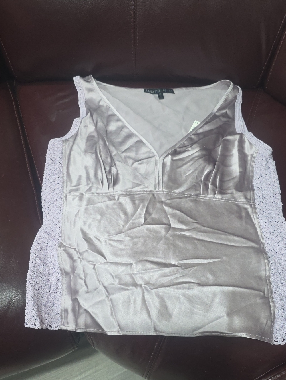Lafayette 148 New York Lavender Satin V-Neck Camisole with Crochet Sides
